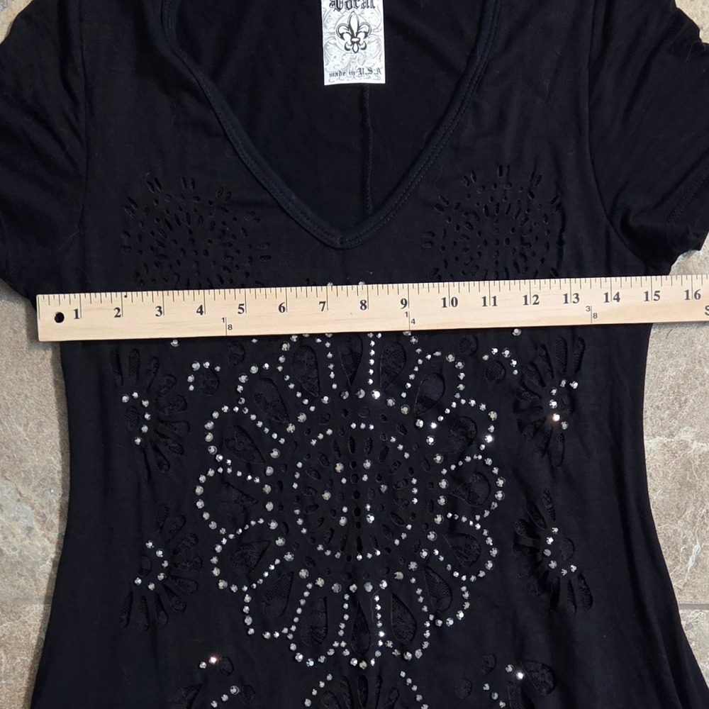 Vocal USA Black Rhinestone Laser Cut Lace Hem Tunic Mini Dress M  Y2K Edgy - Picture 2 of 11